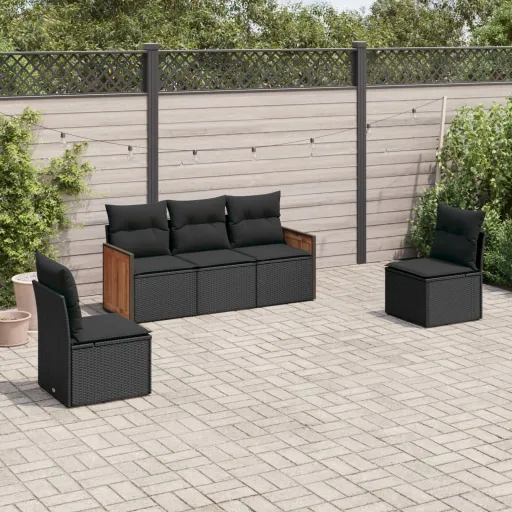 Conjunto Sofás de Jardim com Almofadões Vime PE Preto (5 pcs)