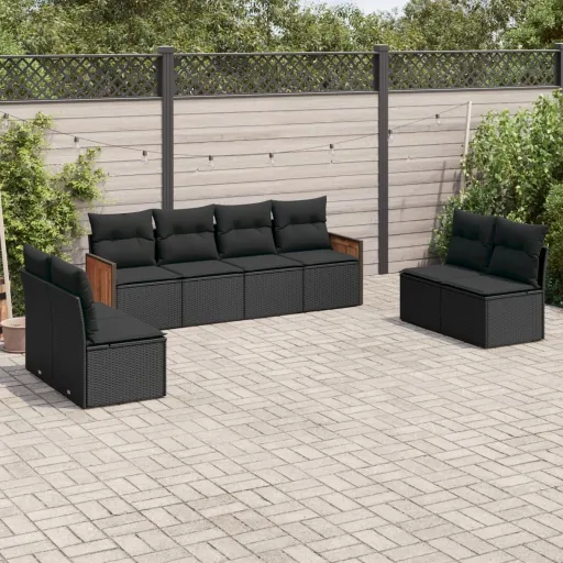 Conjunto Sofás de Jardim com Almofadões Vime PE Preto (8 pcs)