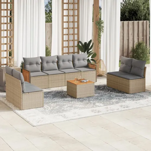 Conjunto de Sofás p/ Jardim com Almofadões Vime PE Bege (9 pcs)