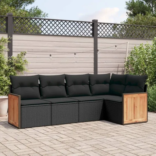Conjunto Sofás de Jardim com Almofadões Vime PE Preto (5 pcs)