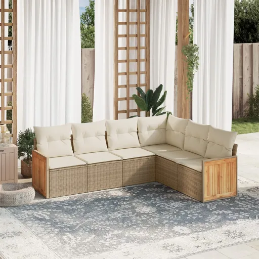 Conjunto de Sofás p/ Jardim com Almofadões Vime PE Bege (6 pcs)