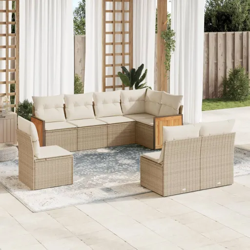 Conjunto de Sofás p/ Jardim com Almofadões Vime PE Bege (8 pcs)