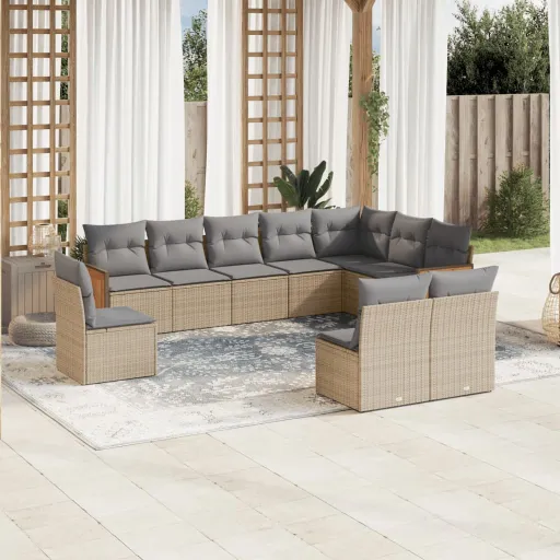 Conjunto de Sofás p/ Jardim com Almofadões Vime PE Bege (10 pcs)