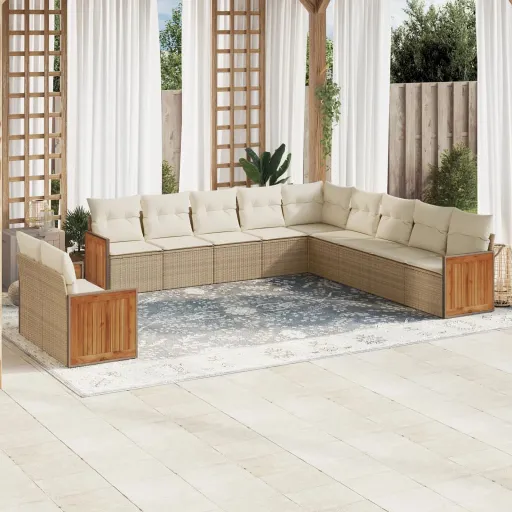 Conjunto Sofás de Jardim c/ Almofadões Vime PE Bege (11 pcs)