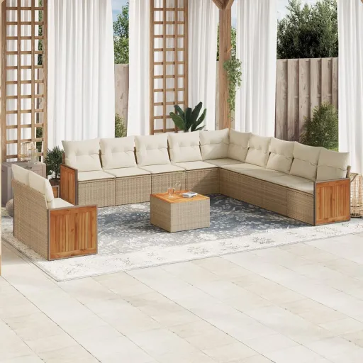 Conjunto de Sofás p/ Jardim com Almofadões Vime PE Bege (12 pcs)