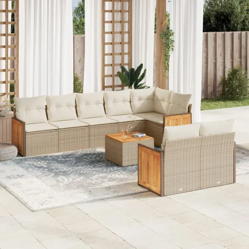 Conjunto de Sofás p/ Jardim com Almofadões Vime PE Bege (9 pcs)