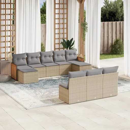 Conjunto de Sofás p/ Jardim com Almofadões Vime PE Bege (10 pcs)