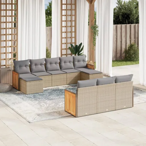 Conjunto de Sofás p/ Jardim com Almofadões Vime PE Bege (10 pcs)