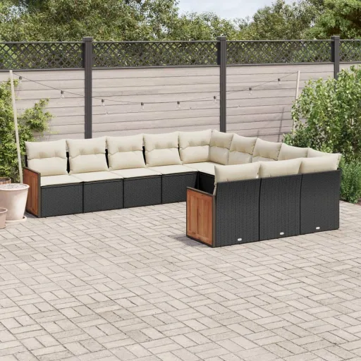 Conjunto Sofás de Jardim c/ Almofadões Vime PE Preto (11 pcs)