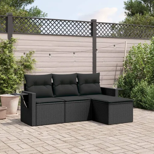 Conjunto de Sofás para Jardim c/ Almofadões Vime PE Preto (4 pcs)