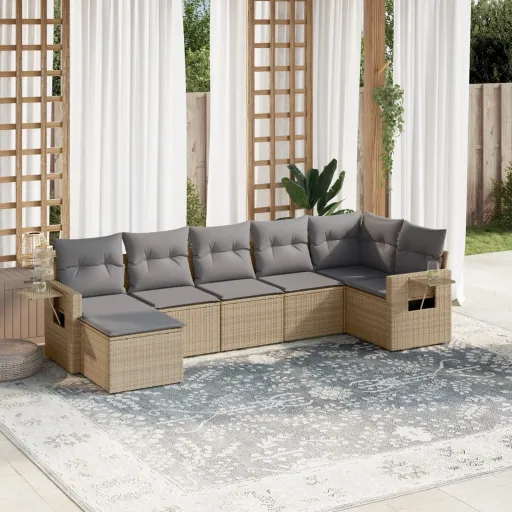 Conjunto de Sofás p/ Jardim com Almofadões Vime PE Bege (7 pcs)