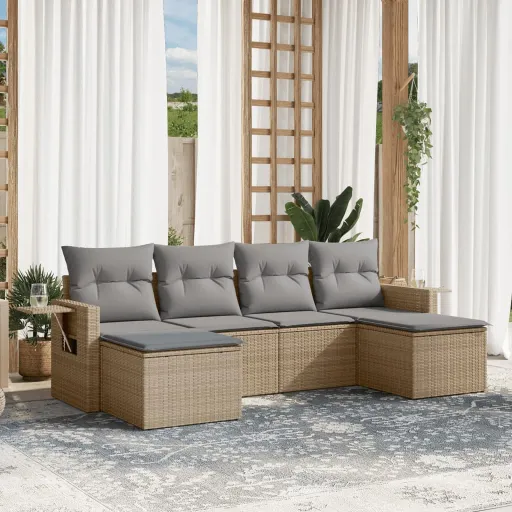 Conjunto de Sofás p/ Jardim com Almofadões Vime PE Bege (6 pcs)