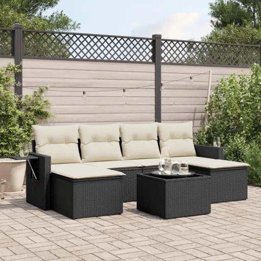 Conjunto de Sofás p/ Jardim c/ Almofadões Vime PE Preto (7 pcs)