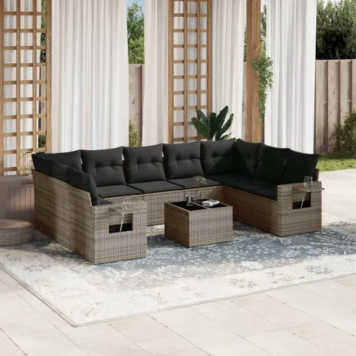 Conjunto Sofás de Jardim c/ Almofadões Vime PE Cinzento (10 pcs)