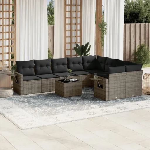 Conjunto Sofás de Jardim c/ Almofadões Vime PE Cinzento (10 pcs)
