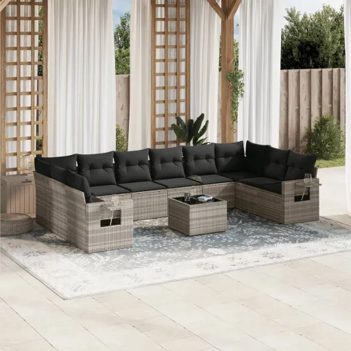 Conjunto Sofás de Jardim c/ Almofadões Vime PE Cinzento (11 pcs)