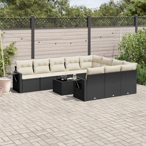 Conjunto Sofás de Jardim c/ Almofadões Vime PE Preto (11 pcs)