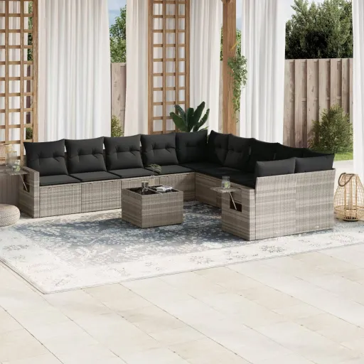 Conjunto Sofás de Jardim c/ Almofadões Vime PE Cinzento (11 pcs)