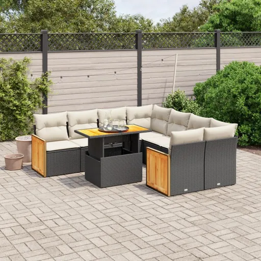 Conjunto de Sofás p/ Jardim c/ Almofadões Vime PE Preto (9 pcs)