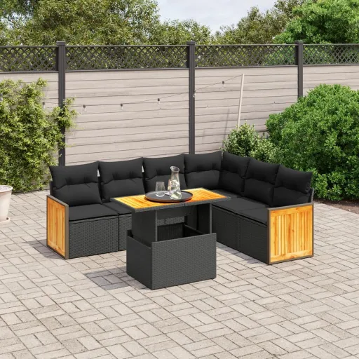 Conjunto de Sofás p/ Jardim c/ Almofadões Vime PE Preto (7 pcs)