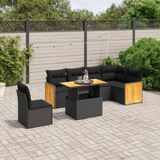 Conjunto de Sofás p/ Jardim c/ Almofadões Vime PE Preto (7 pcs)