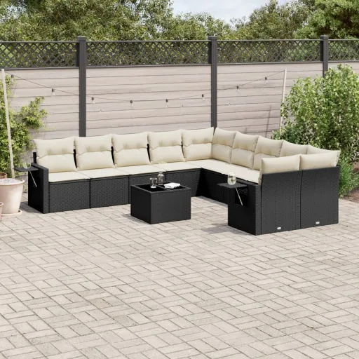 Conjunto Sofás de Jardim c/ Almofadões Vime PE Preto (11 pcs)