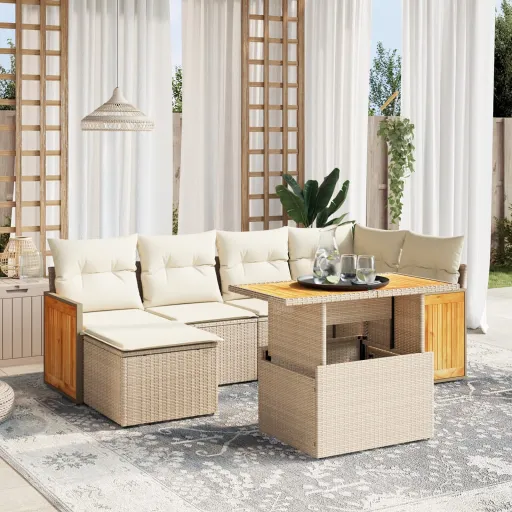 Conjunto de Sofás p/ Jardim com Almofadões Vime PE Bege (7 pcs)