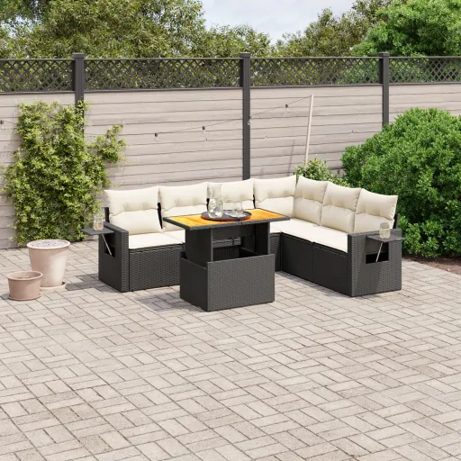 Conjunto de Sofás p/ Jardim c/ Almofadões Vime PE Preto (7 pcs)