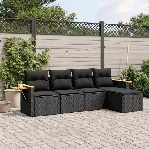 Conjunto Sofás de Jardim com Almofadões Vime PE Preto (5 pcs)