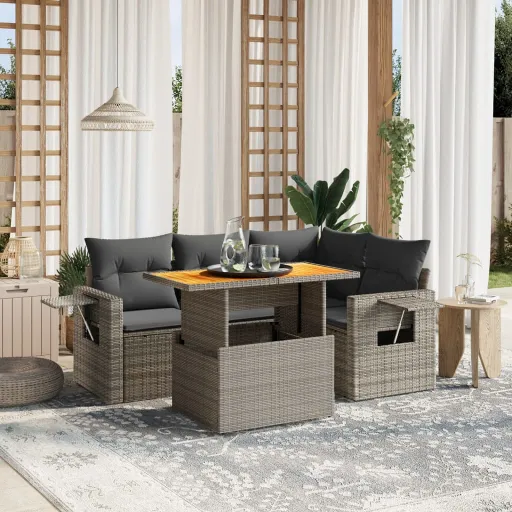 Conjunto Sofás de Jardim c/ Almofadões Vime PE Cinzento (5 pcs)