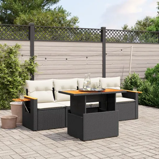 Conjunto Sofás de Jardim com Almofadões Vime PE Preto (5 pcs)