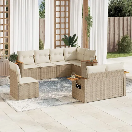 Conjunto de Sofás p/ Jardim com Almofadões Vime PE Bege (8 pcs)