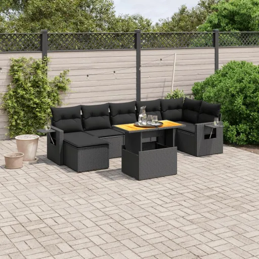 Conjunto Sofás de Jardim com Almofadões Vime PE Preto (8 pcs)