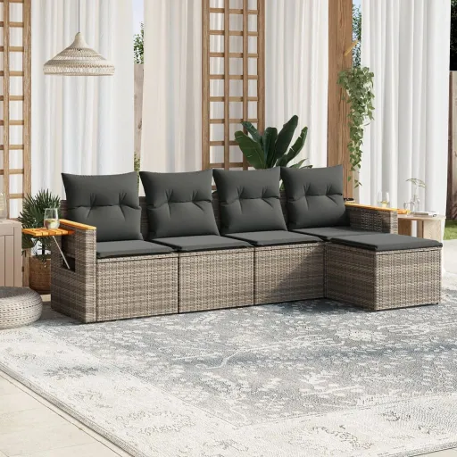 Conjunto Sofás de Jardim c/ Almofadões Vime PE Cinzento (5 pcs)