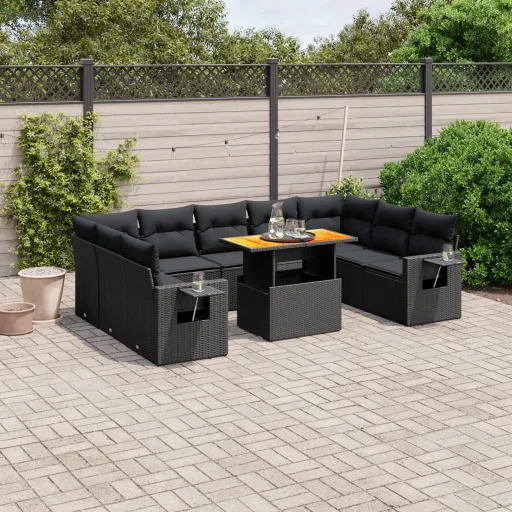 Conjunto Sofás de Jardim c/ Almofadões Vime PE Preto (10 pcs)