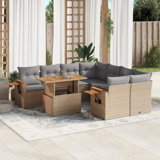Conjunto de Sofás p/ Jardim com Almofadões Vime PE Bege (9 pcs)