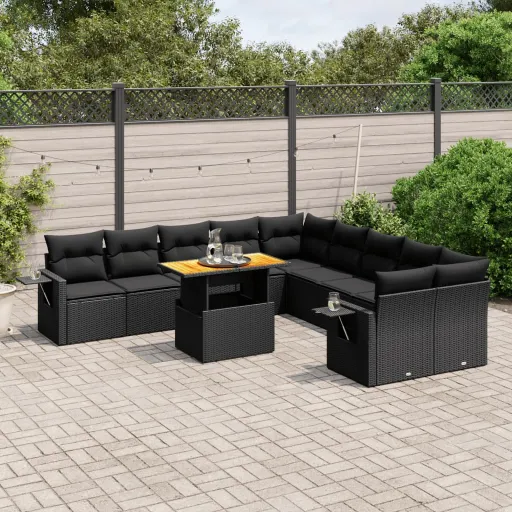 Conjunto Sofás de Jardim c/ Almofadões Vime PE Preto (11 pcs)