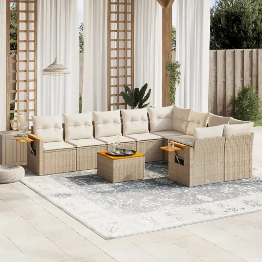 Conjunto de Sofás p/ Jardim com Almofadões Vime PE Bege (10 pcs)