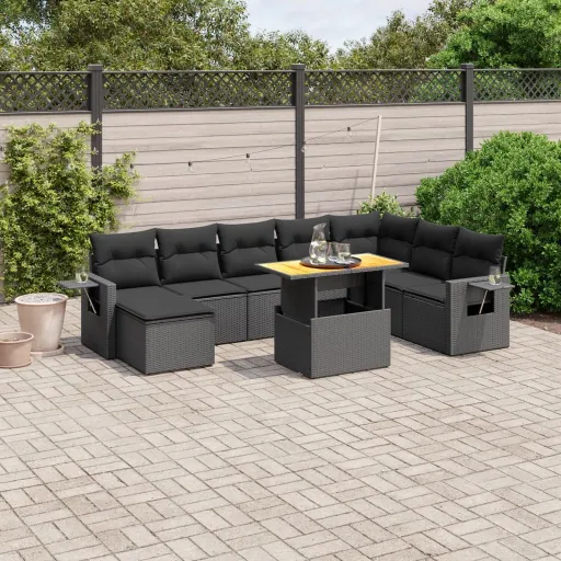 Conjunto de Sofás p/ Jardim c/ Almofadões Vime PE Preto (9 pcs)