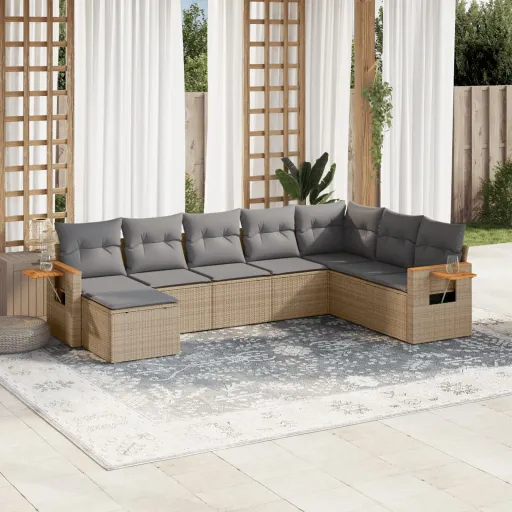 Conjunto de Sofás p/ Jardim com Almofadões Vime PE Bege (8 pcs)