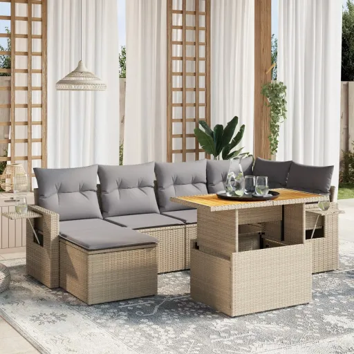 Conjunto de Sofás p/ Jardim com Almofadões Vime PE Bege (7 pcs)