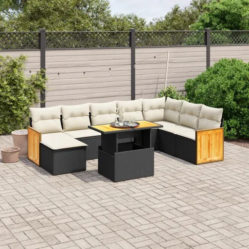 Conjunto de Sofás p/ Jardim c/ Almofadões Vime PE Preto (9 pcs)