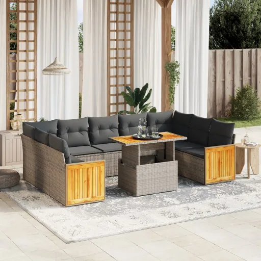 Conjunto Sofás de Jardim c/ Almofadões Vime PE Cinzento (10 pcs)