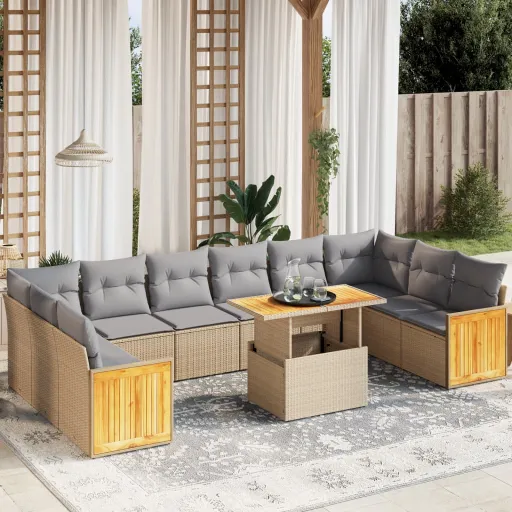 Conjunto Sofás de Jardim c/ Almofadões Vime PE Bege (11 pcs)