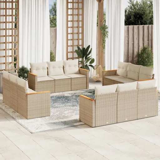 Conjunto de Sofás p/ Jardim com Almofadões Vime PE Bege (12 pcs)