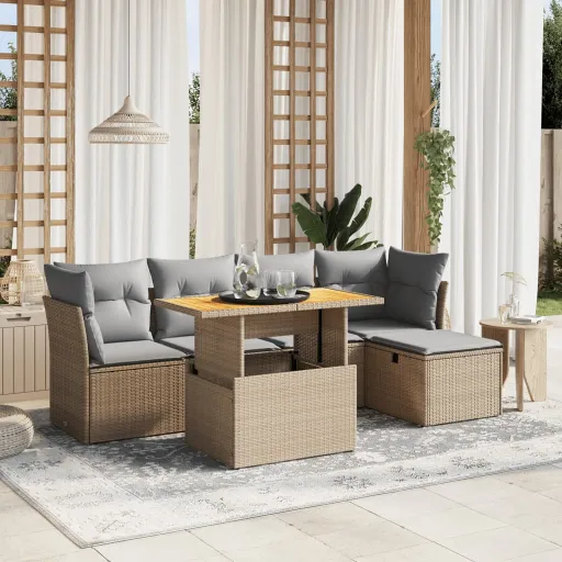 Conjunto de Sofás p/ Jardim com Almofadões Vime PE Bege (6 pcs)
