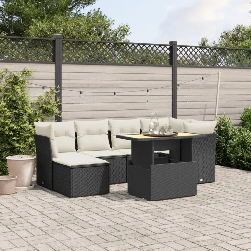 Conjunto de Sofás p/ Jardim c/ Almofadões Vime PE Preto (7 pcs)