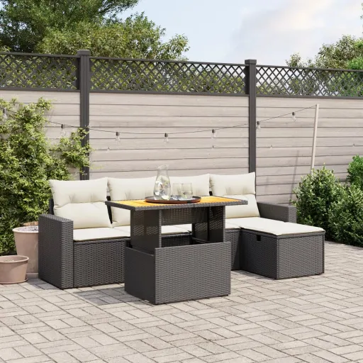 Conjunto Sofás de Jardim c/ Almofadões Vime PE Preto (6 pcs)