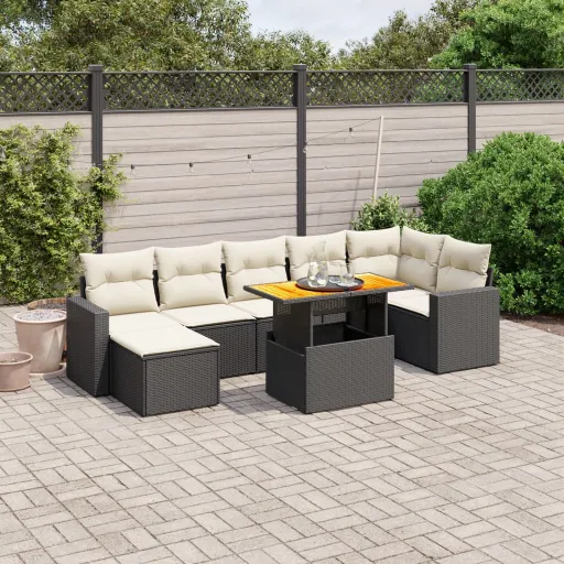 Conjunto Sofás de Jardim com Almofadões Vime PE Preto (8 pcs)