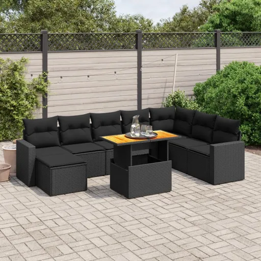 Conjunto de Sofás p/ Jardim c/ Almofadões Vime PE Preto (9 pcs)